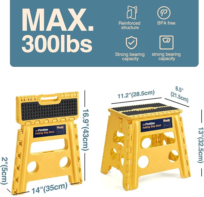 Flottian 13" Folding Step Stool for Adults and Kids Holds Up to 300 lbs,Non-Slip Folding Stools with Handle, Compact Plastic Foldable Step Stool for Bathroom,Bedroom, Kitchen,Bright Yellow,1PC