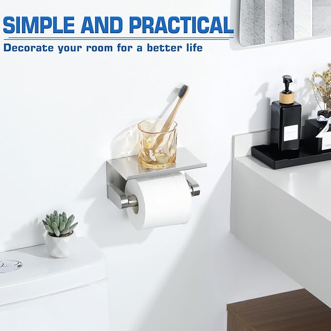 Alise Toilet Paper Holder with Shelf Wall Mount Adhesive or Drill,Brushed | SUS304 Stainless Steel Toilet Paper Roll Holder with Spring Loaded Anti-fall Tissue Holder Storage Dispenser,Rustproof
