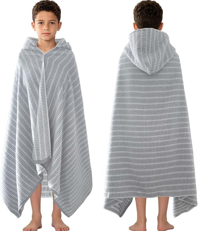 VOOVA & MOVAS Big Kids Hooded Bath Wrap, 8+, 100% Cotton, Thick, Gray White | Classic Horizontal Stripe, Soft, Absorbent & Quick Dry, Great for All Water Activities