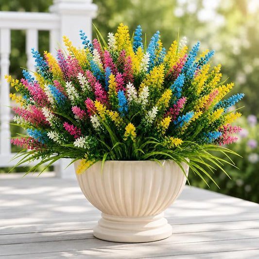 Geegoods 24 Bundles Artificial Lavender Flowers Outdoor, Mix 4 Colors | UV Resistant Faux Plants in Light Blue, White, Pink, Yellow, Realistic Fake Outdoor Flowers for Garden Porch Window Box Decor