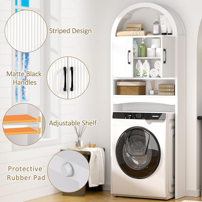 Spurgehom Arch Over The Toilet Storage Cabinet,Bathroom Organizer, White | Freestanding Bathroom Shelf Equipped with Anti-Tipping Device, Space-Saving Toiletries Storage Cabinet