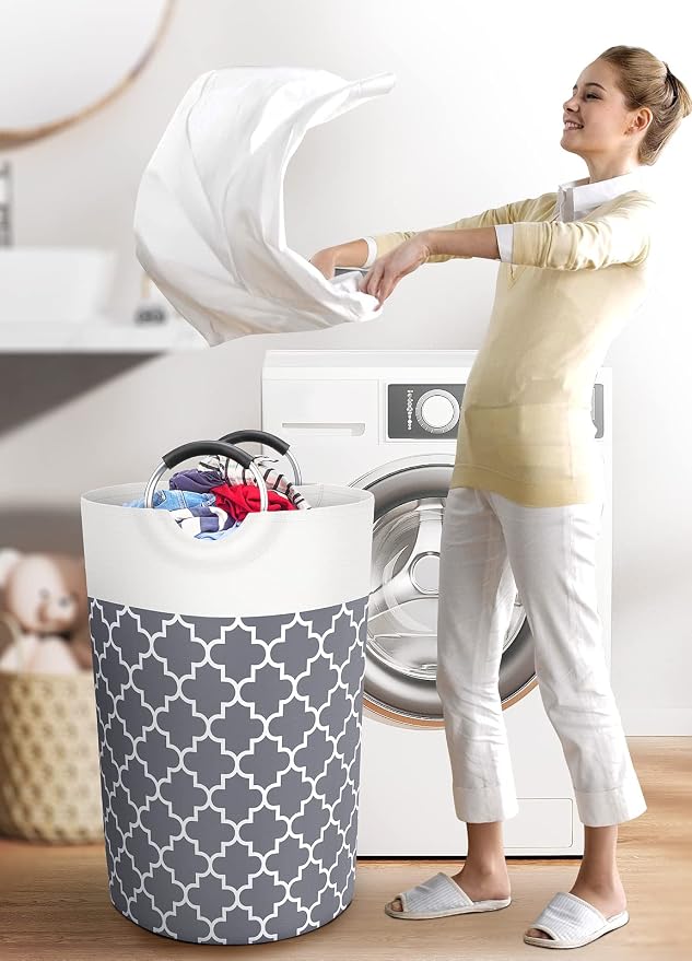 Large Laundry Basket 115L Tall Collapsible Hamper with Handle for Dorm Grey | Freestanding Laundry Hamper, Waterproof Dirty Clothes Storage Bag for College, Bathroom, Foldable Washing Bin for Travel