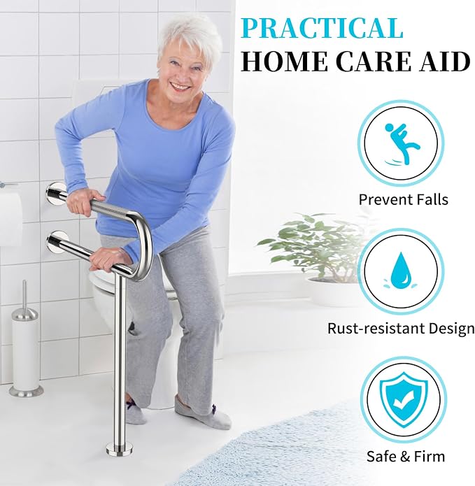 Toilet Support Rail 32 Inch, Munzong Anti-Slip Chrome Handicap Floor Rails | Bathroom Stainless Steel Knurled Safety Handrails with Leg for Elderly Disabled Pregnant-1.25’Tube