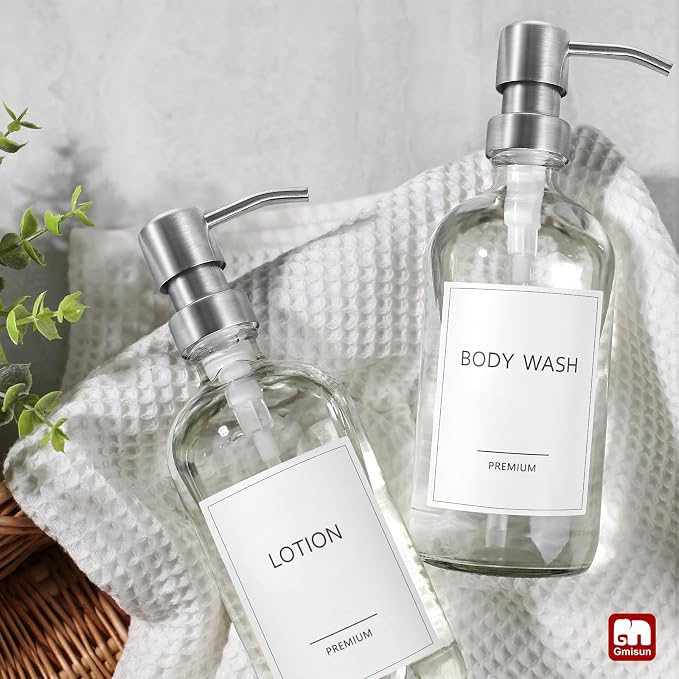 GMISUN Glass Soap Dispenser with Pump, 2 Pack Clear Bathroom Hand Soap Dispenser with Stainless Steel Pump, 17 Fl Oz Refillable Kitchen Hand and Dish Soap Dispensers Set, Modern Liquid Pump Bottles