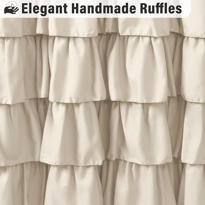 Seasonwood Beige Ruffle Shower Curtain Neutral Shower Curtain 72 x 84 | Natural button accents, layered fabric tiers, shabby chic and French country styling for decorative bathroom updates