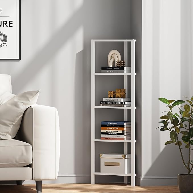 TUTOTAK Corner Shelf, 5-Tier Corner Bookshelf for Small Space | Narrow Display Corner Shelf Stand with Storage Rack, for Living Room, Bedroom, White BS05BW005