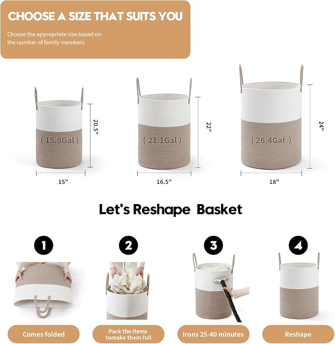 Laundry Basket Hamper Tall Rope Storage Woven for Blanket toys Dirty Clothes in Living Room Bathroom Bedroom (White&Brown, 100L/26.4Gal)