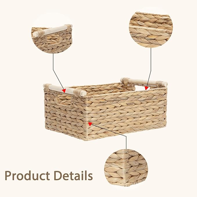 Rectangle Water hyacinth wicker storage basket Organizer(Small) | Handwoven Shelf basket with Wooden Handles for Pantry & Closet