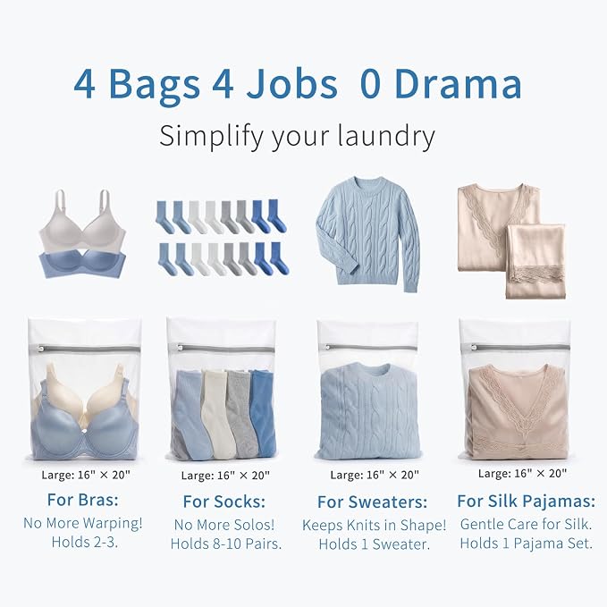Muchfun 4Pcs Durable Fine Mesh Laundry Bags for Delicates 16 x 20 Inches | (4 Large)