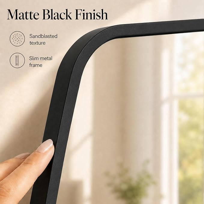 Matte Black Tapered Rounded Rectangle Bathroom Mirror, 24x36 Inch | Aluminum alloy frame, soft trapezoid shape, tempered glass, reversible vertical keyhole mount
