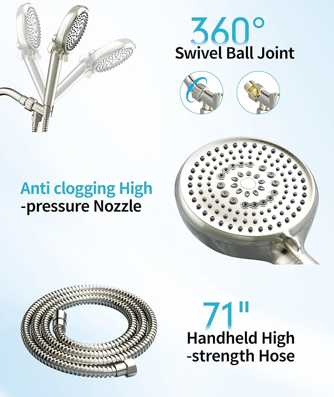 Filtered Shower Head with Handheld, 10 Spray Mode High Pressure Shower Head with Filters, Shower Filter Head for Hard Water, Powerful Spray for Cleaning, 2 Replaceable Filters Included, Brushed