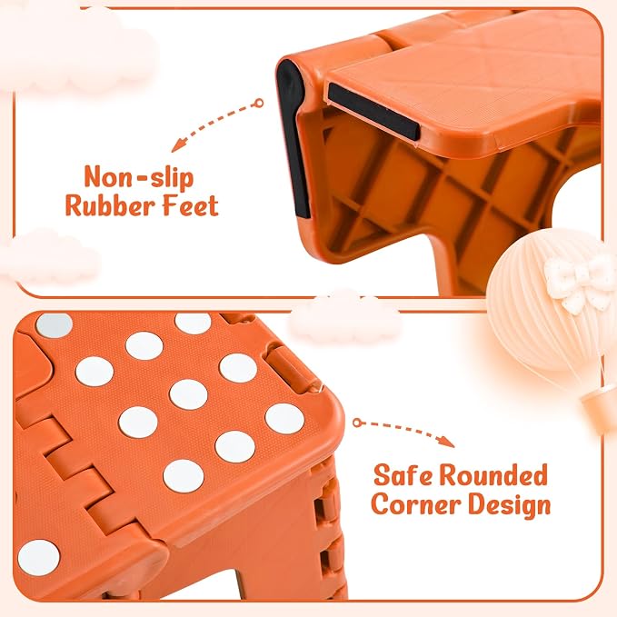 Folding Step Stool 9 Inch for Kids and Adults, 300 lbs, Orange | Lightweight Plastic Small Foldable Step Stool with Handle, Non-Slip, for Kitchen, Bathroom, Bedroom and Closet