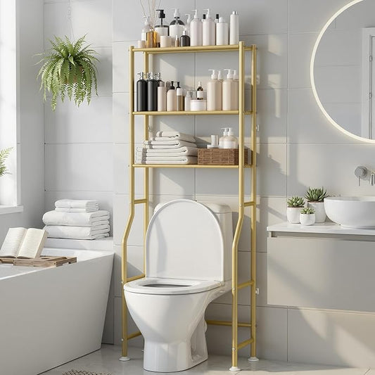 3-Tier Over The Toilet Storage, Freestanding Metal Bathroom Shelves, Space Saver Above The Over Toilet Storage Shelf for Bathroom (Gold)