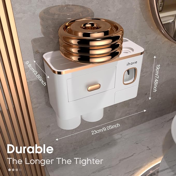 iHave Toothbrush Holders Bathrooms Wall Mount Toothpaste Dispenser & 2 Cups | Elegant White & Gold Bathroom Decor: 2 Cups, 6 Slots, Toothpaste Dispenser, Tray & Drawer Wall Mount Toothbrush Organizer