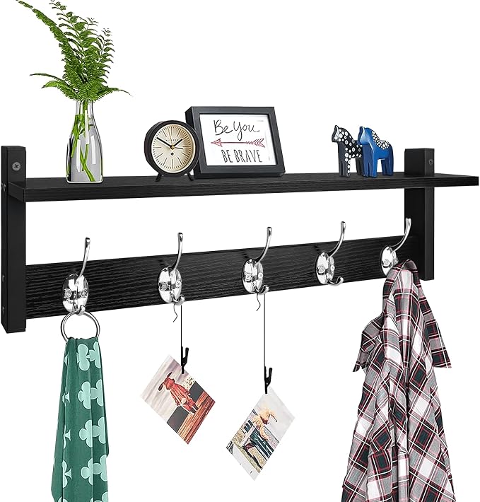 Coat Rack Wall Mount with Shelf, 24" Long Entryway Shelf with Hooks Underneath, Wooden Coat Hanger for Hanging Hats, Bathroom Towels, Clothes, Black