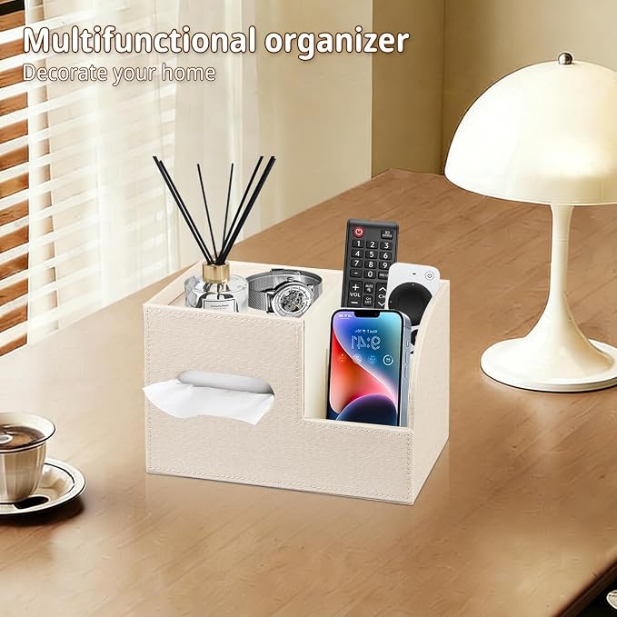 PU Leather Square Tissue Box Cover with Storage Tray,Cube Tissue Box Holder