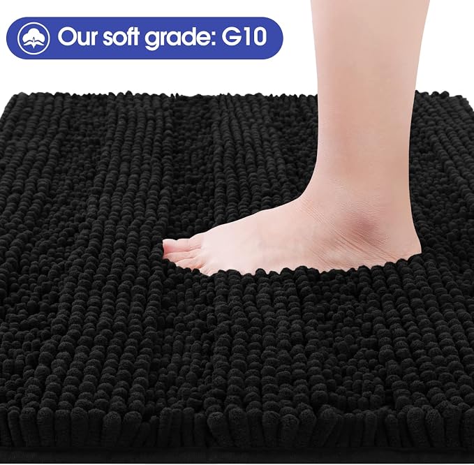 Striped Black Bathroom Rug Mat 32"x20" Ultra Soft, Non Slip Chenille Bath Rugs, Absorbent Plush Shaggy Bath Mats for Bathroom, Bedroom, Kitchen, Shower, Tub