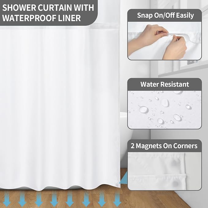 Hookless Shower Curtain with Snap in Liner, Grey No Hook Shower Curtains for Bathroom，Shower Curtain and Liner Set for Bathroom Decor,Waterproof & Washable,72W x 75L Inch