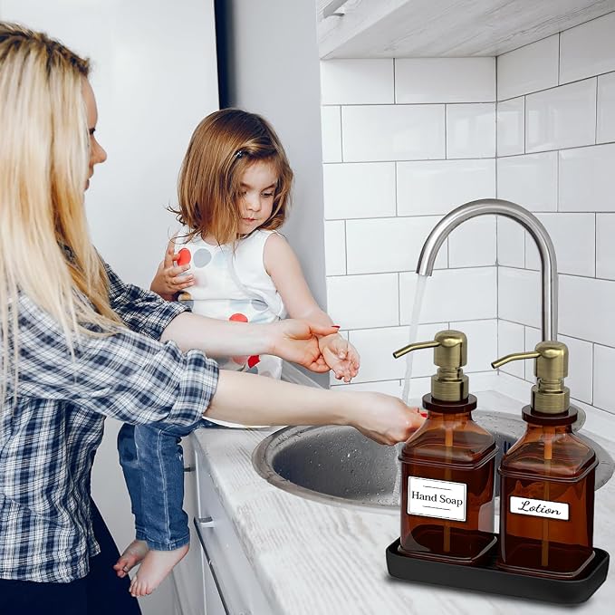 Soap Dispenser - 2 Pack, Antique Design Thick Amber Glass Hand Soap Dispensers with Sturdy Tray; 304 Rust Proof Stainless Steel Black Pump, 12Pcs Stickers, for Kitchen, Bathroom - Brushed Gold