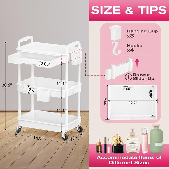 Goovilla Rolling Makeup Organizer Cart with Removable Drawer, 3 Tier White | Stable Floor Skincare Storage Cart for Vanity, Cosmetic Display, Nail Polish, Perfume, Hair Stuff, Beauty, Bathroom(Plastic)