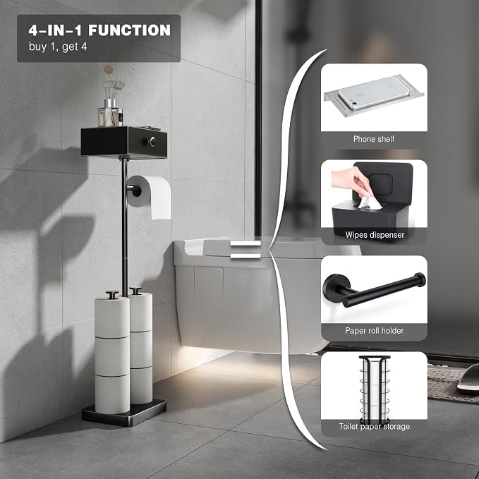 VOLDRA Toilet Paper Holder Stand with Shelf, Free Standing Black Toilet Paper Roll Holder with Wipes Storage Drawer Heavy Duty Floor Bathroom Tissue Holder Freestanding No Drill Tp Holder for 7 Rolls