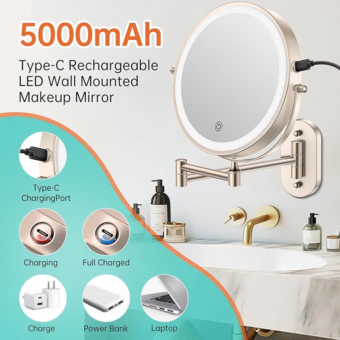 5000mAh Rechargeable Wall Mounted Lighted Makeup Vanity Mirror1X/30X Nickel | Double Sided Magnifying Bathroom Mirror, 3 Color Lighting, Touch Screen Dimming, Extended Arm 360 Rotation Shaving Mirror