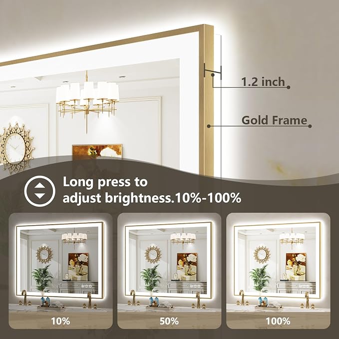 48x40 LED Bathroom Mirror with Lights, Gold Framed Lighted Mirror | Backlit and Front light, Anti-Fog, 3 Color Dimmable, Memory, Tempered Glass, IP54 Waterproof, UL Listed