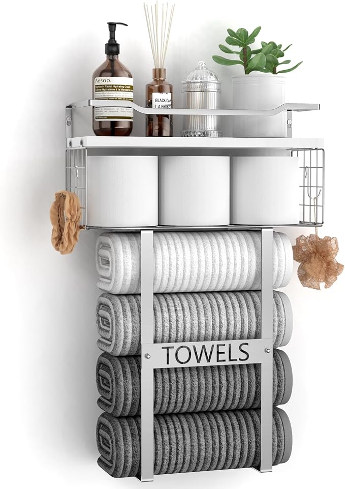 Towel Racks for Bathroom Wall Mounted - Bath Wall Towel Holder Set Above Toilet Storage, Rolled Towel Shelf Organizer for Small Bathroom, Wood Vertical Towel Rack for Bathroom Wall Decor Silver | Towel Storage with Wood Shelf & Metal Basket,Fit for Sma...