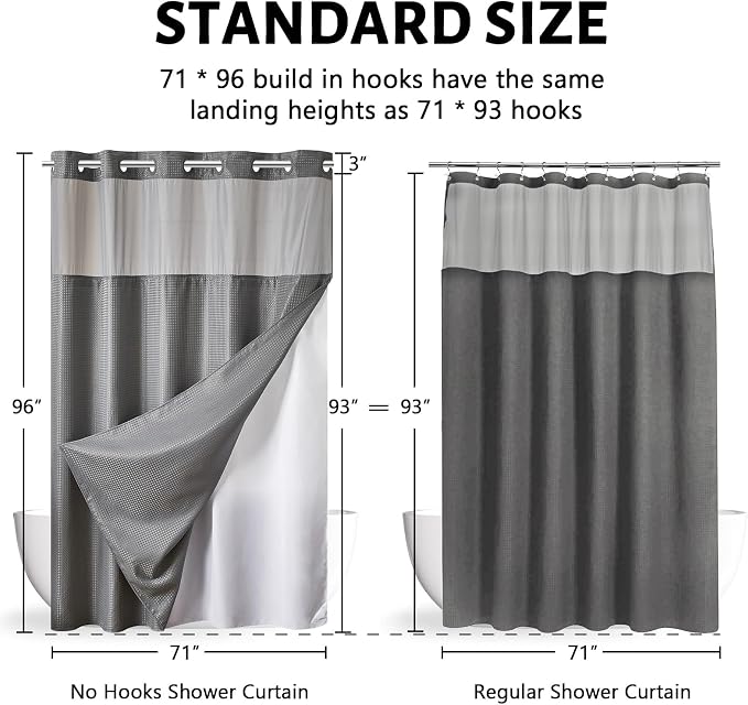 Furlinic No Hooks Needed Waffle Weave Shower Curtain with Snap in Fabric Liner,Honeycomb Texture Bathroom Curtains with See Through Top Window,Waterproof,Grey,71x96 Inch
