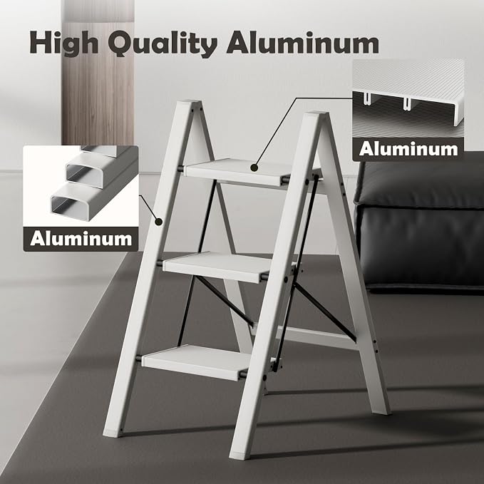 Taranta 3 Step Stool Foldable,Aluminum Step Ladder-Misty Gray | Lightweight,Wide Anti-Slip Pedals,Folding Step Stool,330lbs Capacity for Household,Kitchen,Office