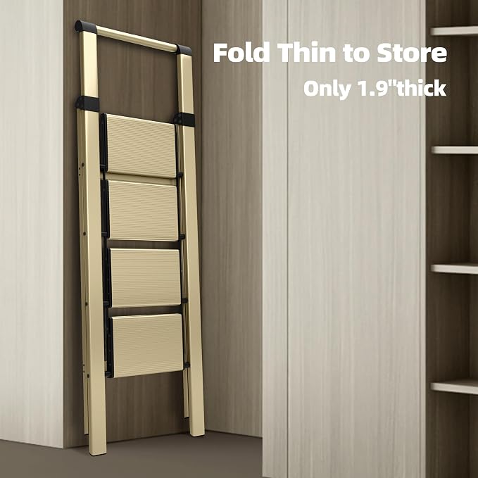 HillhutApex Aluminum 4 Step Ladder, Step Stool Foldable Ladder(Gold) | Stepladder with Handgrip,Anti-Slip Pedals,330lbs Capacity,Lightweight Folding Ladder for Home,Office,Libaray