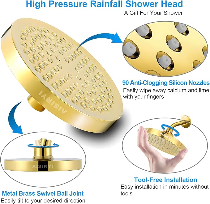 High Pressure Rainfall Shower Head, 6 Inches Showerhead with Perfect Adjustable Replacement, Removable Restrictor, Easy Installation for Your Bathroom Shower Heads (Deluxe Gold + Shower Arm)