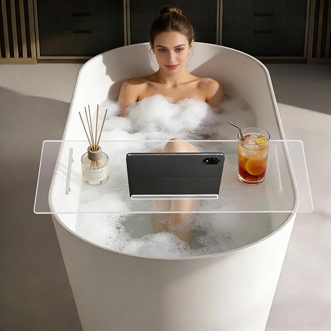 Acrylic Bathtub Tray with Handles, 31.5" Long Clear Bath Tray Table Holds Tablet and Wine Glass, Heavy Duty Bathroom Accessory for Home or Hotel, Easy Assembly (80cm/31.5in)