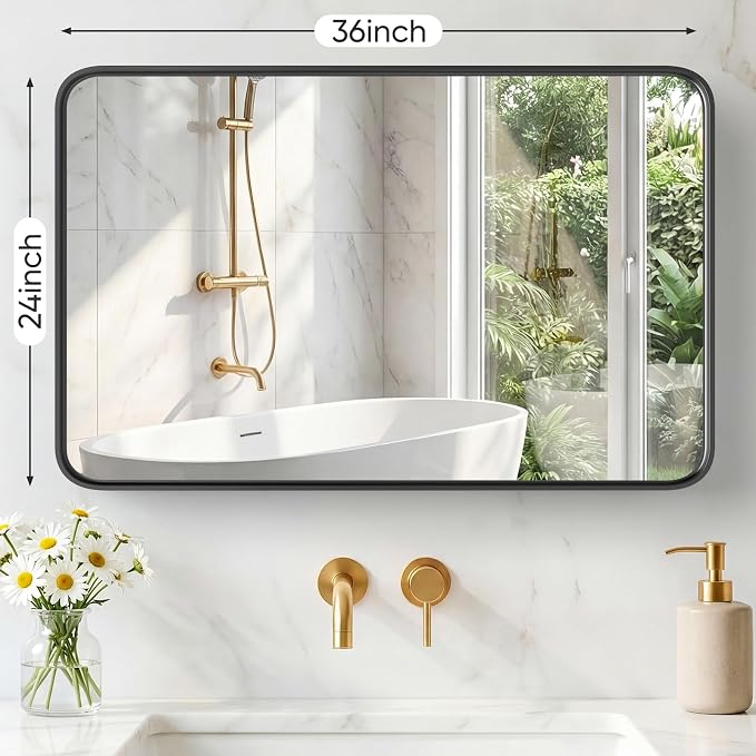 NEWBULIG 24"x36" Wall Mirror, Bathroom Mirrors for Over Sink, Black | Matte Metal Framed Vanity Mirror with Tempered Glass, Entryway, Living Room, Bedroom