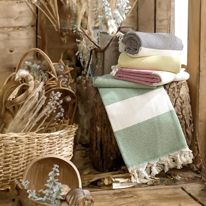 Turkish Beach Towel, 100% Cotton, 71x39 in, Diamond Green