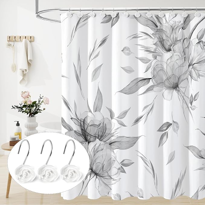 Cute Rose Floral Shower Curtain Hooks Rings for Bathroom,White 12PCS | Metal Rustproof Curtain Hooks Shower Rings,Girls Decorative Flower Bathroom Decor,for Bathroom Shower Rods