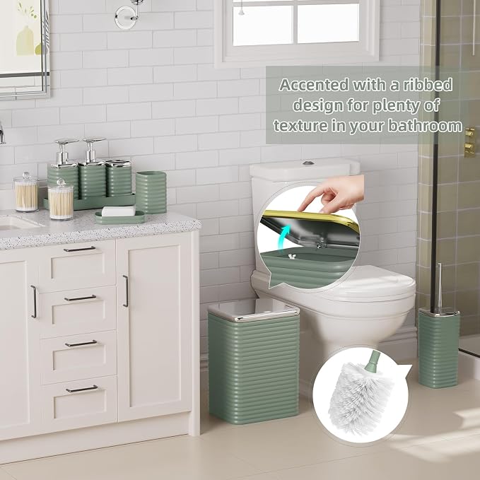 Bathroom Set - 10PC Bathroom Accessory Set, Sage Green Bathroom Set, Luxury Bathroom Accessories Set, Trash Can, Toilet Brush, Soap Dish, Qtip Holder & Soap Dispenser