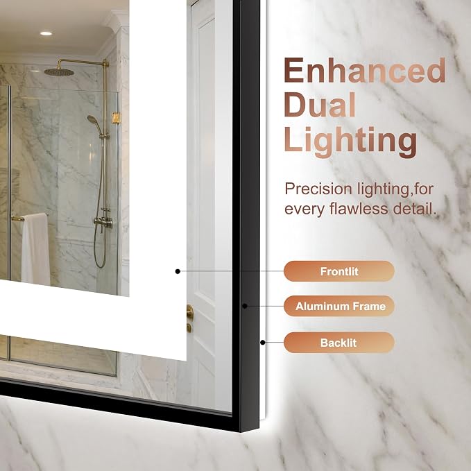 LED Bathroom Mirror with Lights, 30"x50" Black Framed Lighted Vanity Mirror | Anti-Fog, Dimmable 3 Color Temperature, Front & Backlit, Memory Function, Shatterproof Tempered Glass
