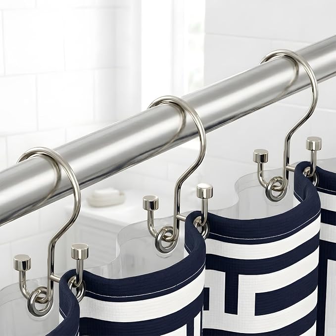 Bathway 12-Pack Double Shower Curtain Hooks, Rust-Resistant Metal Shower Curtain Rings with High-Low Design to Separate Liner & Curtain, Smooth Glide, Nickel
