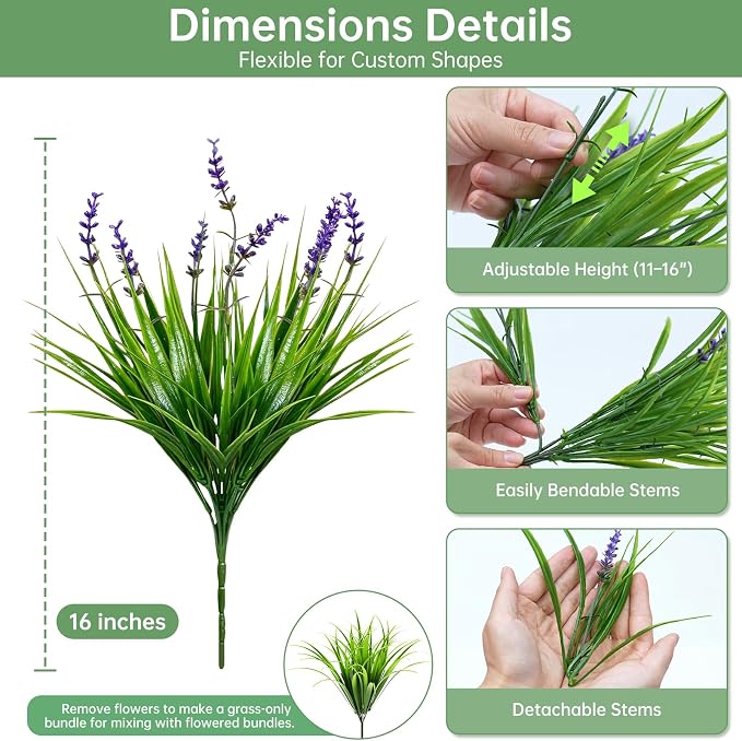 Gipsot 15 Bundles UV Resistant No-Fade Outdoor Artificial Plants & Flowers | Adjustable height fake lavender flowers, indoor & outdoor decor for garden patio pathway hanging planter front porch