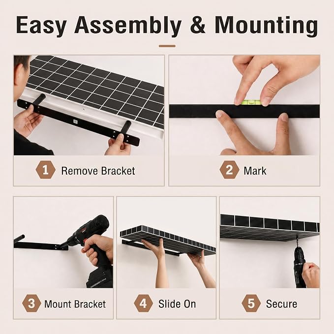 Large Floating Shelves, Set of 2, Modern, Black with White Lines | 35.4"W x 9.4"D x 1.5"H, set of 2, 40 lbs each, 3D tile texture, bathroom & living room, splash-resistant, ~30 min assembly.