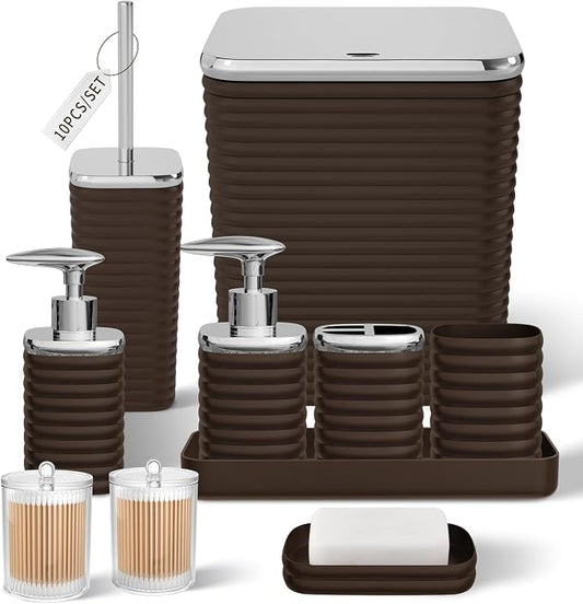 Bathroom Set - 10PC Bathroom Accessory Set, BrownBathroom Set, Luxury Bathroom Accessories Set, Trash Can, Toilet Brush, Soap Dish, Qtip Holder & Soap Dispenser