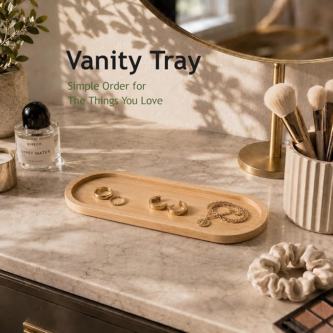 SheeChung Bathroom Counter Tray, Small Bamboo Vanity Tray - 10.3" x 3.6" | Decorative Kitchen Countertop Organizer for Soap Dispenser, Perfume, Jewelry, Catchall, Makeup, Candle, Coffee Table