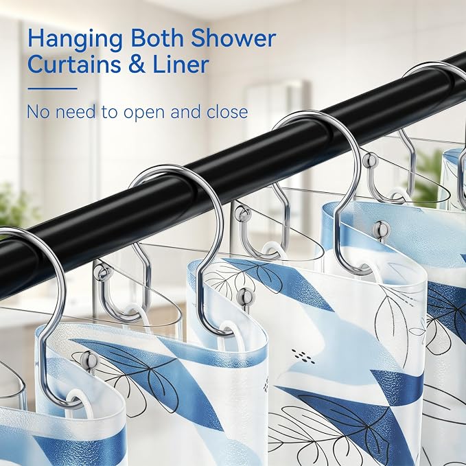 OEH Shower Curtain Hooks, 12 Pcs Minimalist Shower Curtain Rings, Metal Shower Curtain Hangers, Double Hook Silver Shower Curtain Hooks Rust Proof, Smooth Glide Shower Hooks for Shower Curtain, Chrome