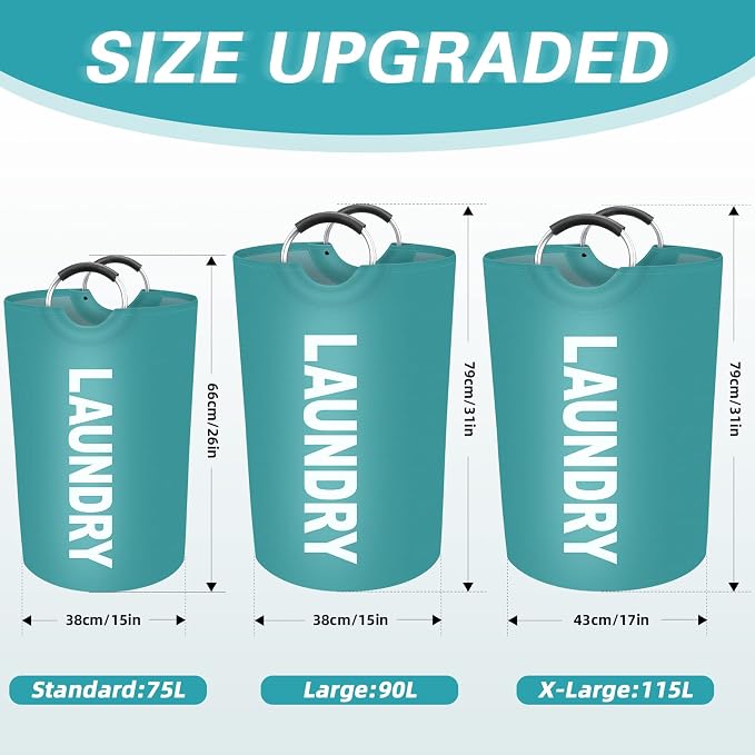 90L Large Laundry Basket, Dirty Clothes Waterproof Laundry Hamper, Green | Collapsible Laundry Basket with Foam Protected Aluminum Handles for Laundry Dorm Family, Black Dirty Clothes Hamper