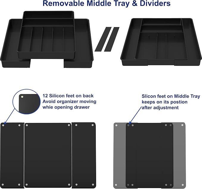 Simple Houseware Expandable Kitchen Drawer Flatware Organizer, Black | Expandable Kitchen Drawer Flatware Organizer, Black – Adjustable Cutlery Tray with 9 Compartments for Utensils and Silverware