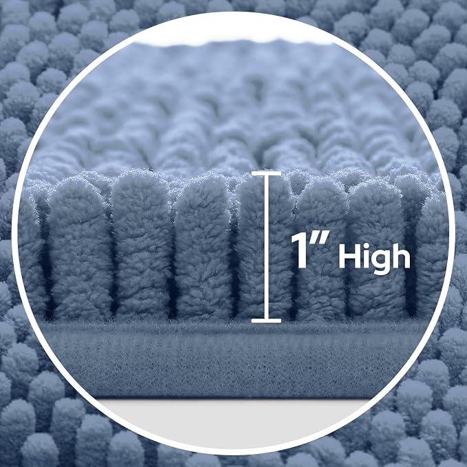 HOMEIDEAS 3 Pieces Bathroom Rugs, Ultra Soft Non Slip Absorbent Chenille Toilet Bath Mat Set (Grey Blue)