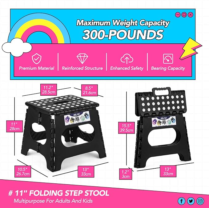 Delxo Folding Step Stool 11 Inch,300 Lbs Step Stool for Kids & Adults Black | Foldable Step Stool 11",Non-Slip Foot Stools with Handle,Lightweight Collapsible stools for Kitchen,Bathroom,Bedroom,Garden