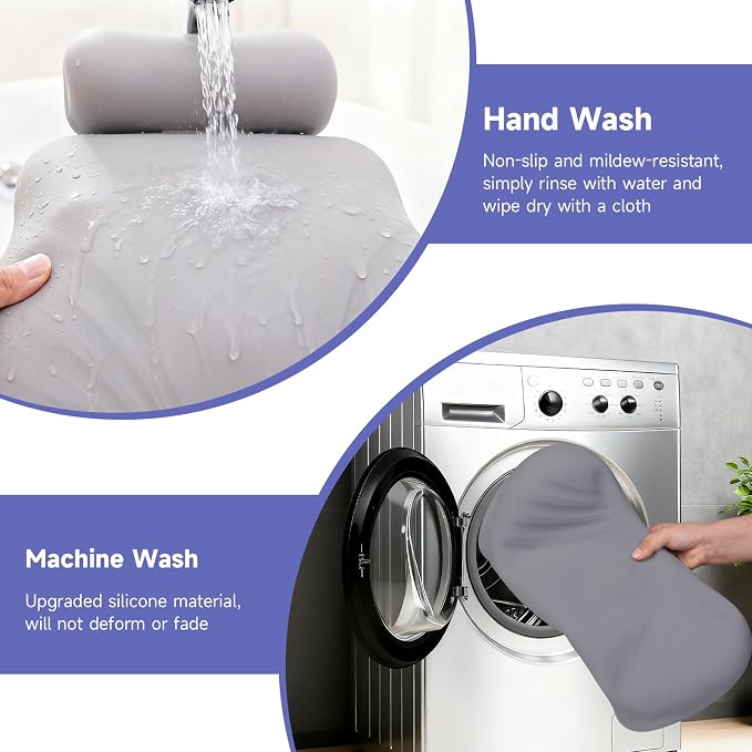 Silicone Bath Pillow, Upgraded Bath Pillows for Tub, Adjustable Height Bathtub Pillow for Head and Neck, 4D Luxury Tub Pillow Skin-Friendly Large Suction Cups Stability, Spa Relaxation-Grey