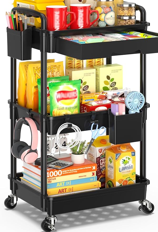 SUNALLY 3 Tier Rolling Cart with Drawer, Craft Storage Cart Organizer,Black | Bathroom Storage Organizer with 2 Lockable Wheels, Rolling Utility Cart for Kitchen, Office, Baby, Makeup, Nail,Snack,Laundry